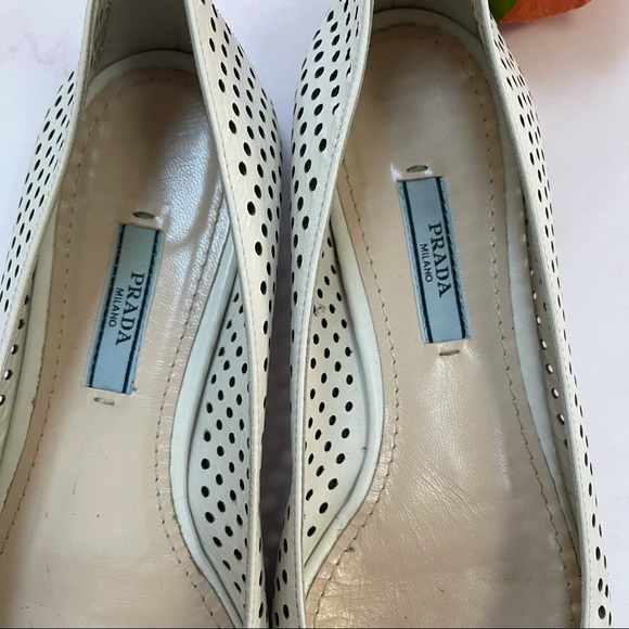 PRADA White Perforated Leather Bow Pointed Toe Ballet Flats 37 1/2 AUTHENTIC - Picture 8 of 8